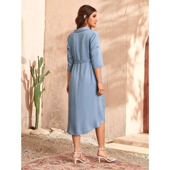 Maternity Roll Tab Sleeve Flap Pocket Belted button down shirt Dress light blue - Picture 3 of 5